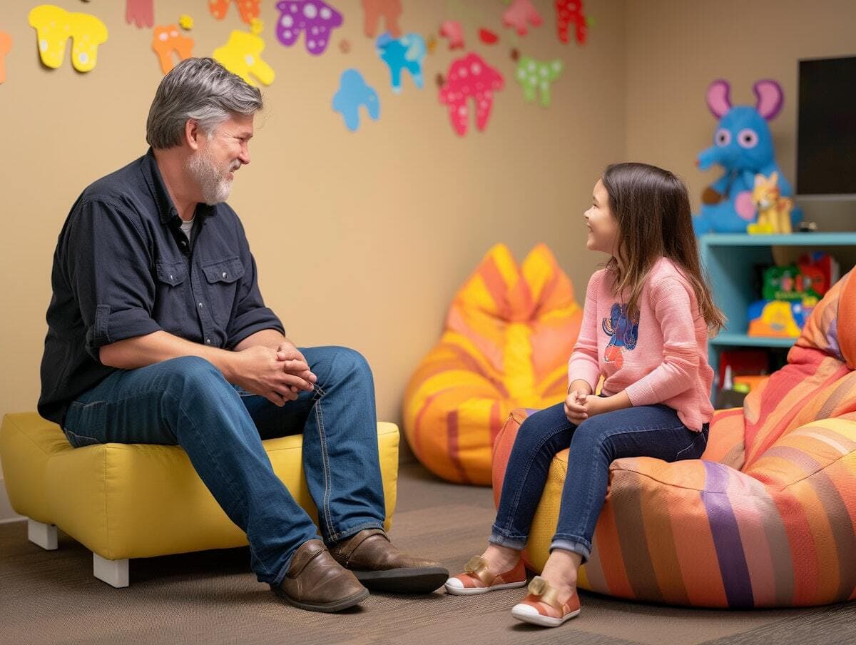 Teachers engaging in discussion with a student while sitting on couches in a classroom